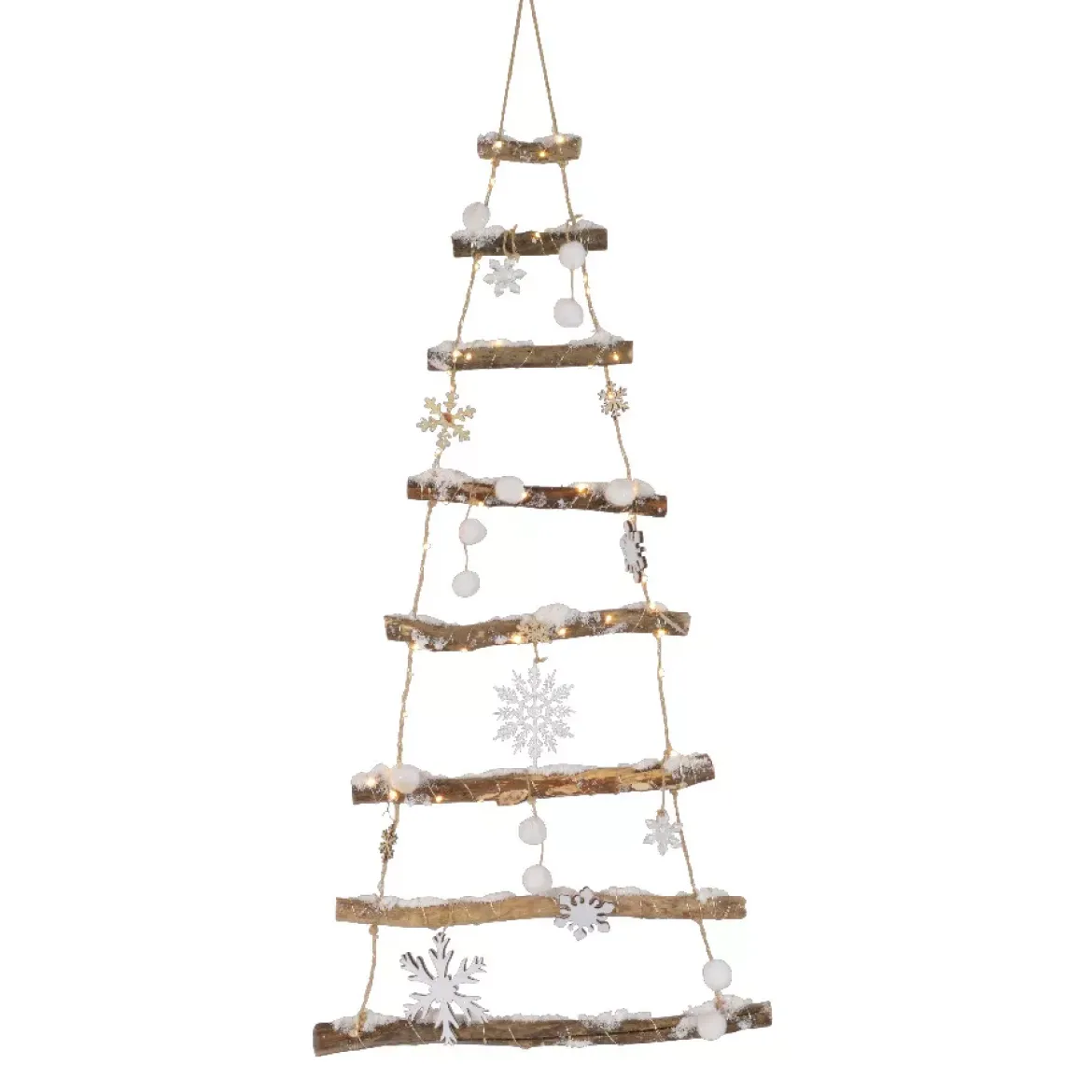 Abete in legno ramo illuminato Neve e fiocchi di neve a pile Bianco caldo