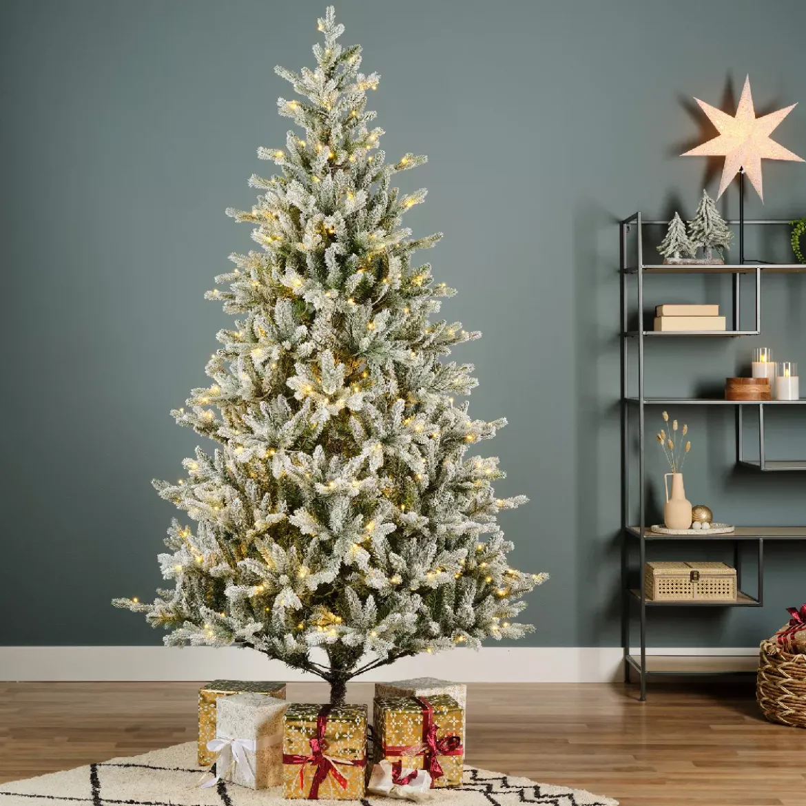 Albero di Natale artificiale luminoso 320 LED (H180 cm) Allix Verde innevato