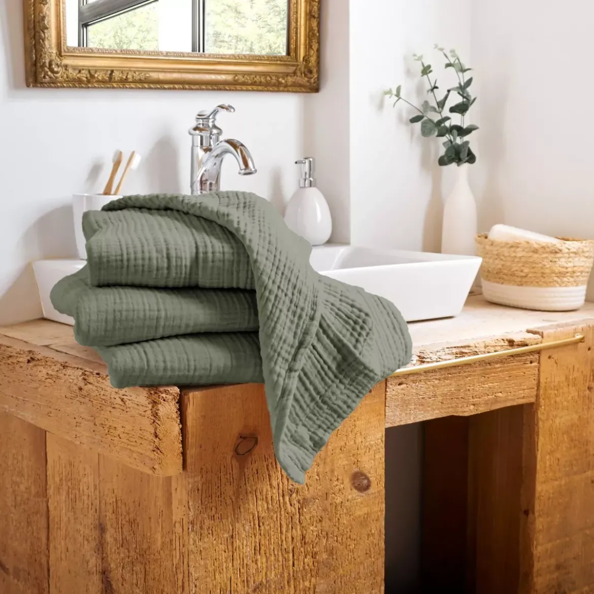 Asciugamano da bagno in garza di cotone (90 x 150 cm) Gaia Verde rosmarino