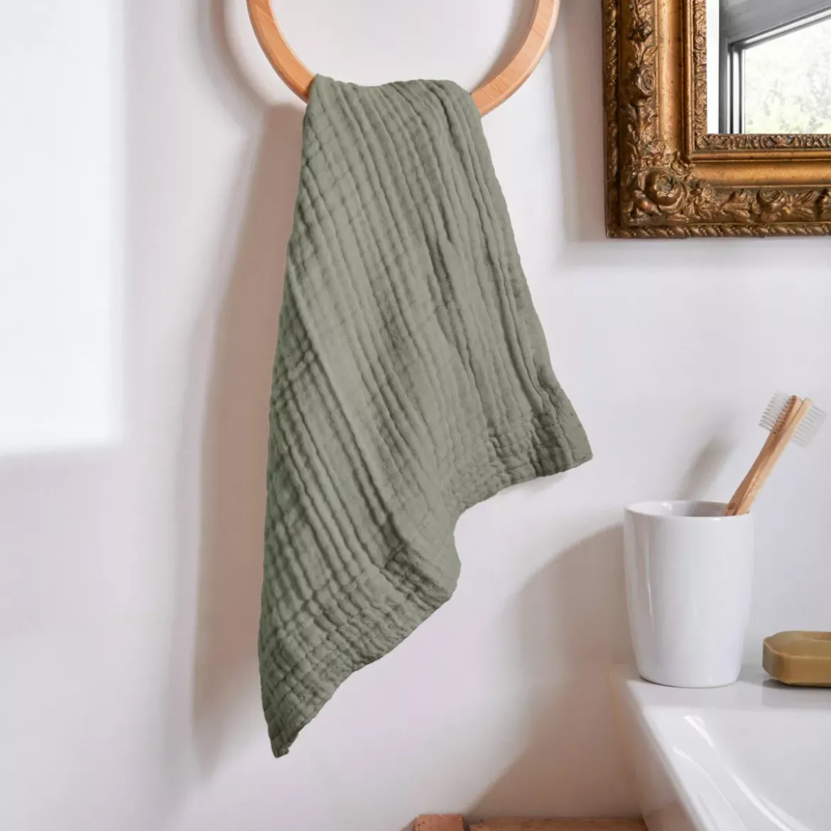 Asciugamano da bagno in garza di cotone (70 x 130 cm) Gaïa Verde rosmarino