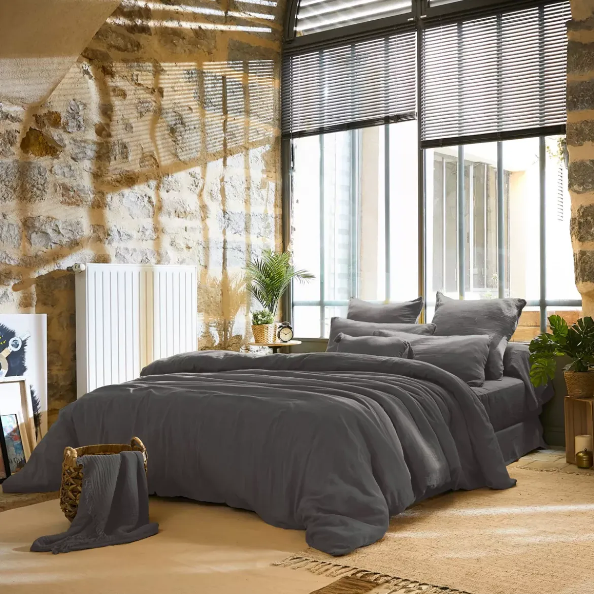 Copripiumino garza di cotone (240 x 220 cm) Gaïa Grigio granito