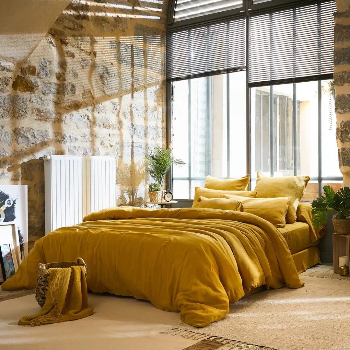 Copripiumino garza di cotone (280 x 240 cm) Gaïa Giallo zafferano