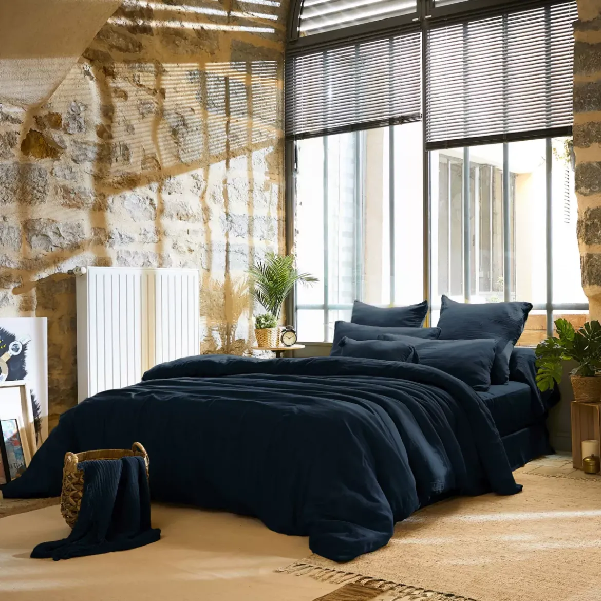 Copripiumino garza di cotone (280 x 240 cm) Gaïa Blu notte