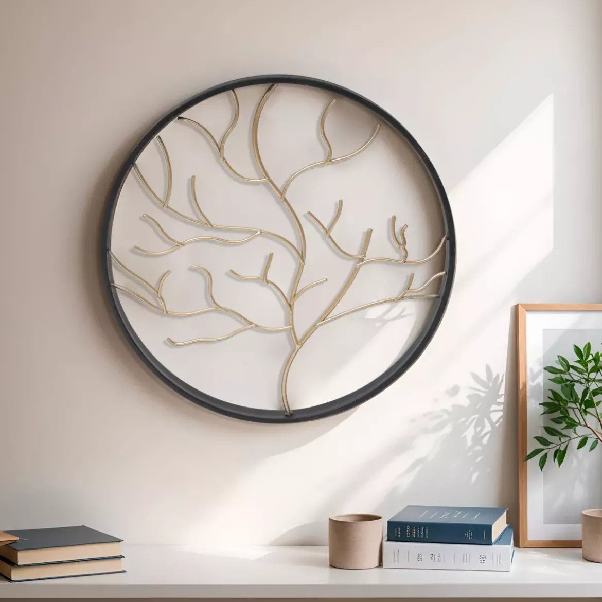 Decorazione murale rotonda in metallo (D28 cm) Albero contemporaneao Nero e dorato