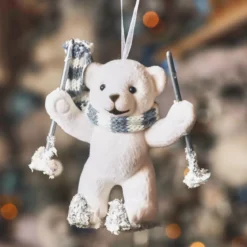 Decorazione natalizia da appendere in velluto floccato (H10 cm) Orso Quentin Bianco e grigio