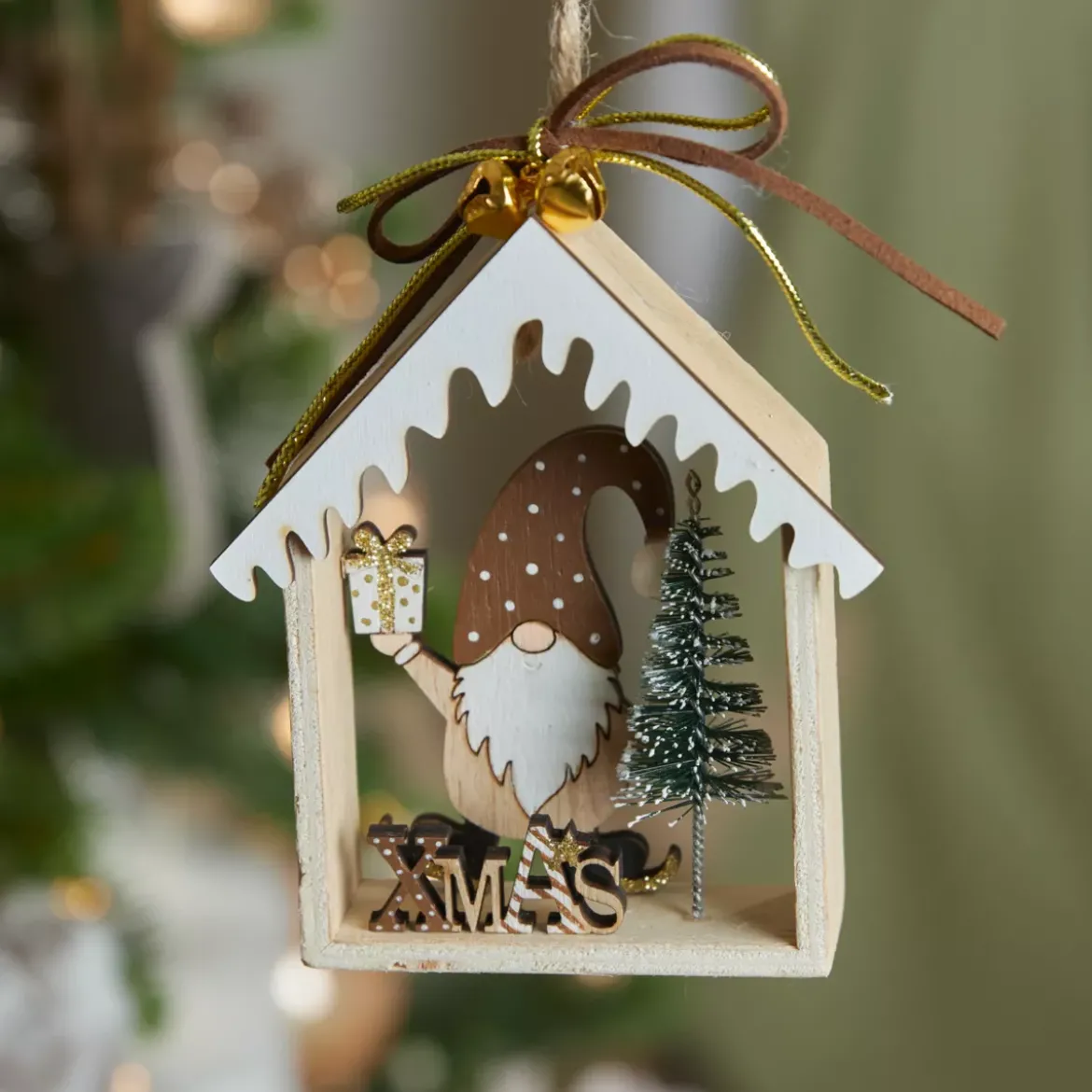 Decorazione natalizia sospesa in legno (H11 cm) Casa di Babbo Natale Marrone