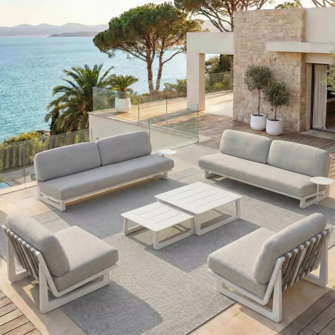 Divano da giardino in alluminio a 3 posti Long Beach Bianco cenere e grigio chiaro