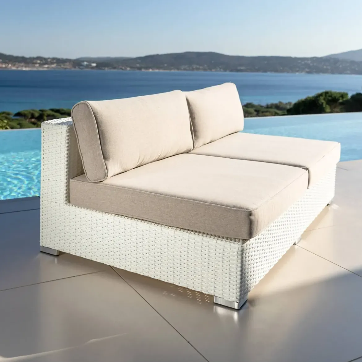Divano da giardino in resina intrecciata 2 posti Palma Bianco e tortora