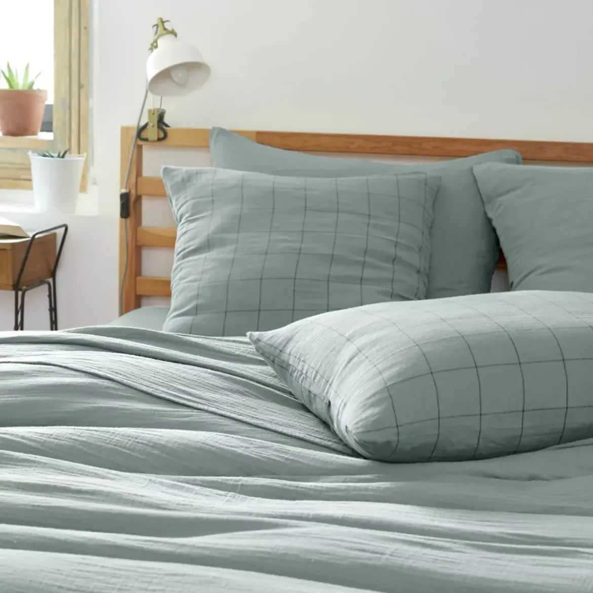 Federa per cuscino letto rettangolare in garza di cotone (50 x 70 cm) Gaia Match Verde eucalipto