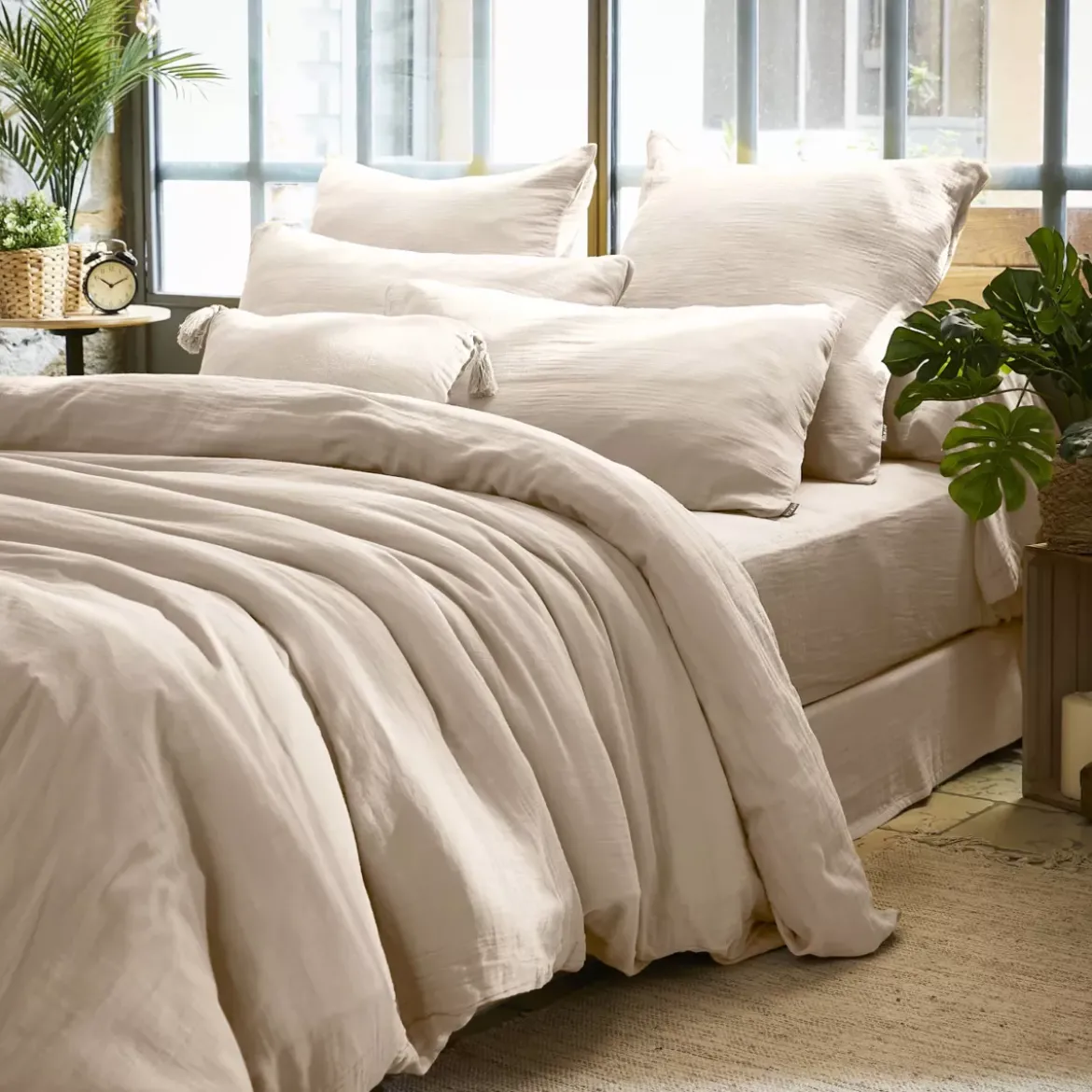 Federa quadrata garza di cotone (60 x 60 cm) Gaïa Beige pampa