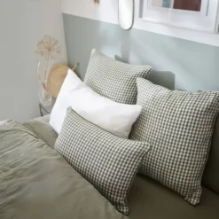 Federa quadrata in garza di cotone (80 x 80 cm) Gaïa Vichy Verde rosmarino