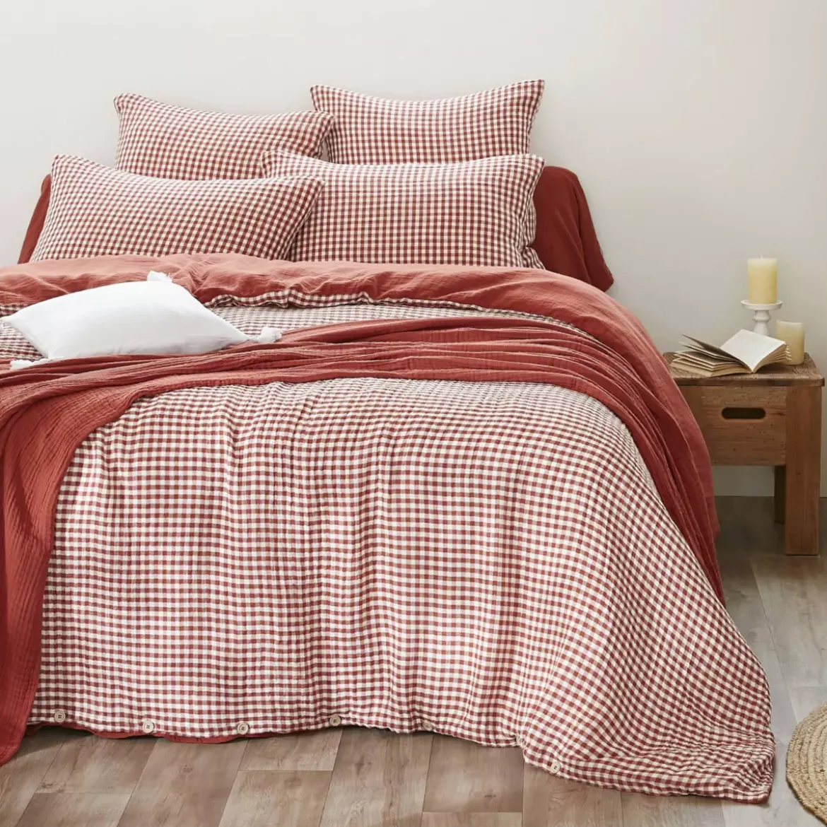 Fodera per cuscino quadrata in doppia garza di cotone (60 x 60 cm) Gaïa vichy Terracotta