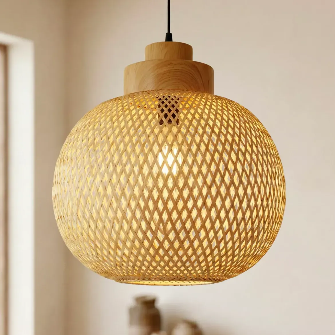 Lampada a sospensione rotonda in bambù (D40 cm) Kahala Naturale