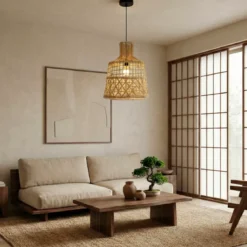 Lampada a sospensione traforata in bambù (H50 cm) Pampelune Naturale