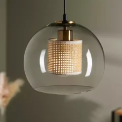 Lampadario a sospensione vetro e rattan (D25 cm) Sicilia Beige
