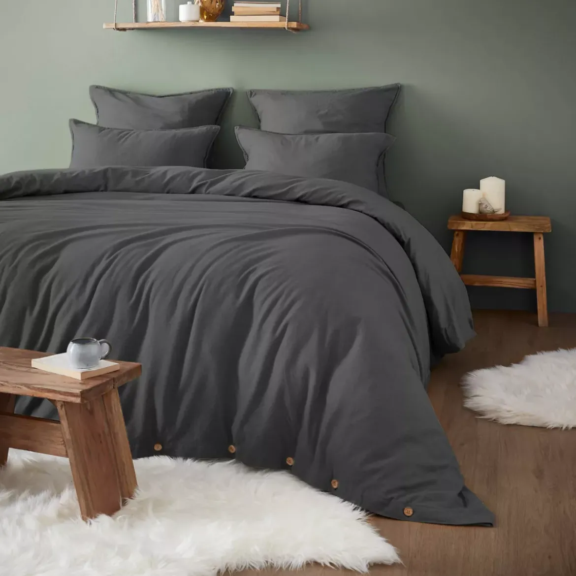 Lenzuolo con angoli flanella di cotone (180 x 200 cm) Nina Grigio antracite
