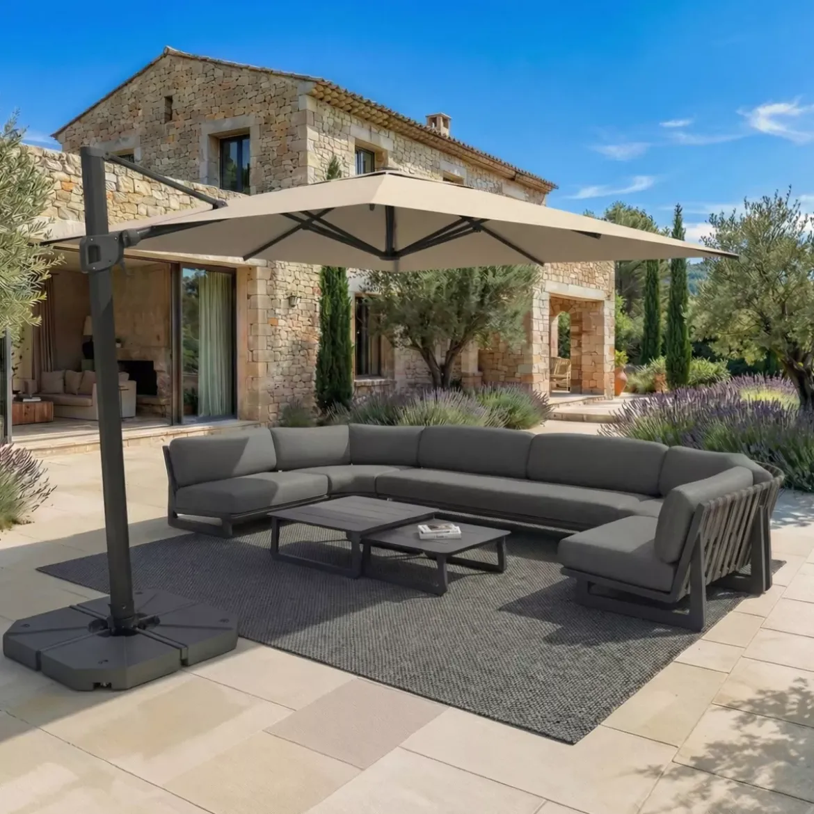 Ombrellone decentrato quadrato in alluminio con base (3 x 3 m) Elyra Antracite e Beige