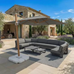 Ombrellone decentrato quadrato in alluminio con base (3 x 3 m) Elyra effetto legno e Grigio