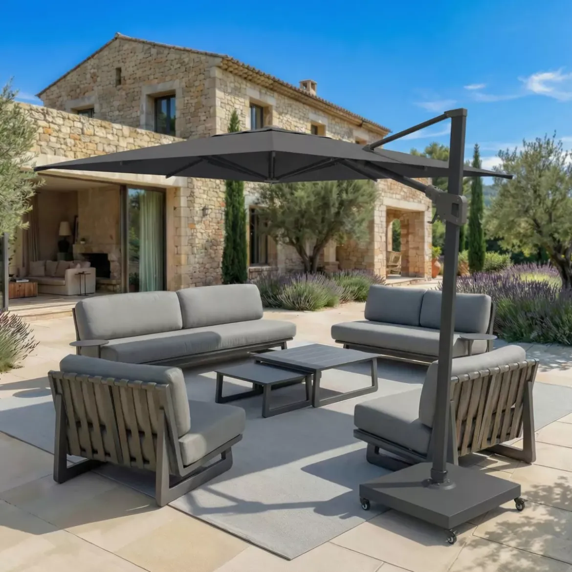Ombrellone decentrato quadrato in alluminio con base (3 x 3 m) Elyra Antracite