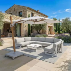 Ombrellone decentrato quadrato in alluminio con base (3 x 3 m) Elyra effetto legno e Bianco
