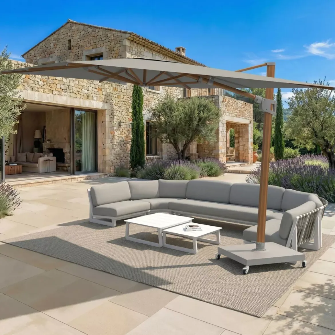 Ombrellone decentrato quadrato in alluminio con base (3 x 3 m) Elyra effetto legno e Grigio