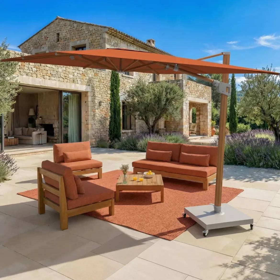 Ombrellone decentrato quadrato in alluminio con base (3 x 3 m) Elyra effetto legno e Terracotta