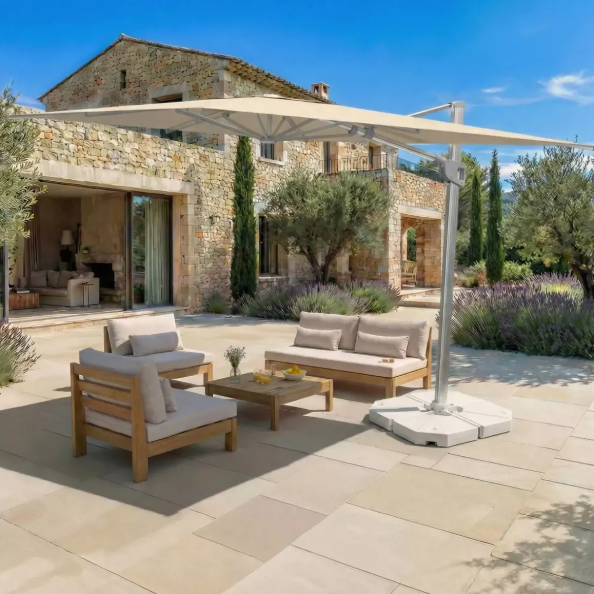 Ombrellone decentrato rettangolare in alluminio con base (3 x 4 m) Elyra Metallico lucido e Beige