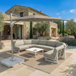 Ombrellone decentrato rettangolare in alluminio con base (3 x 4 m) Elyra Metallico lucido e Tortora