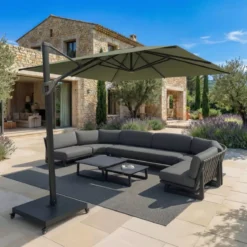 Ombrellone decentrato rettangolare in alluminio con base (3 x 4 m) Elyra Antracite e Verde oliva