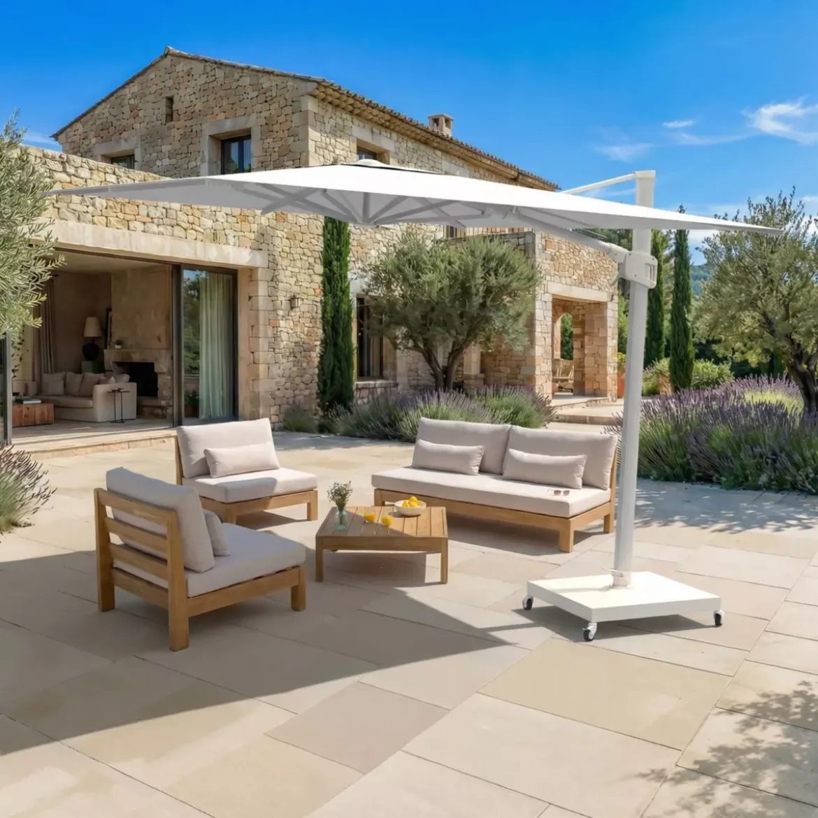 Ombrellone decentrato rettangolare in alluminio con base (3 x 4 m) Elyra Bianco