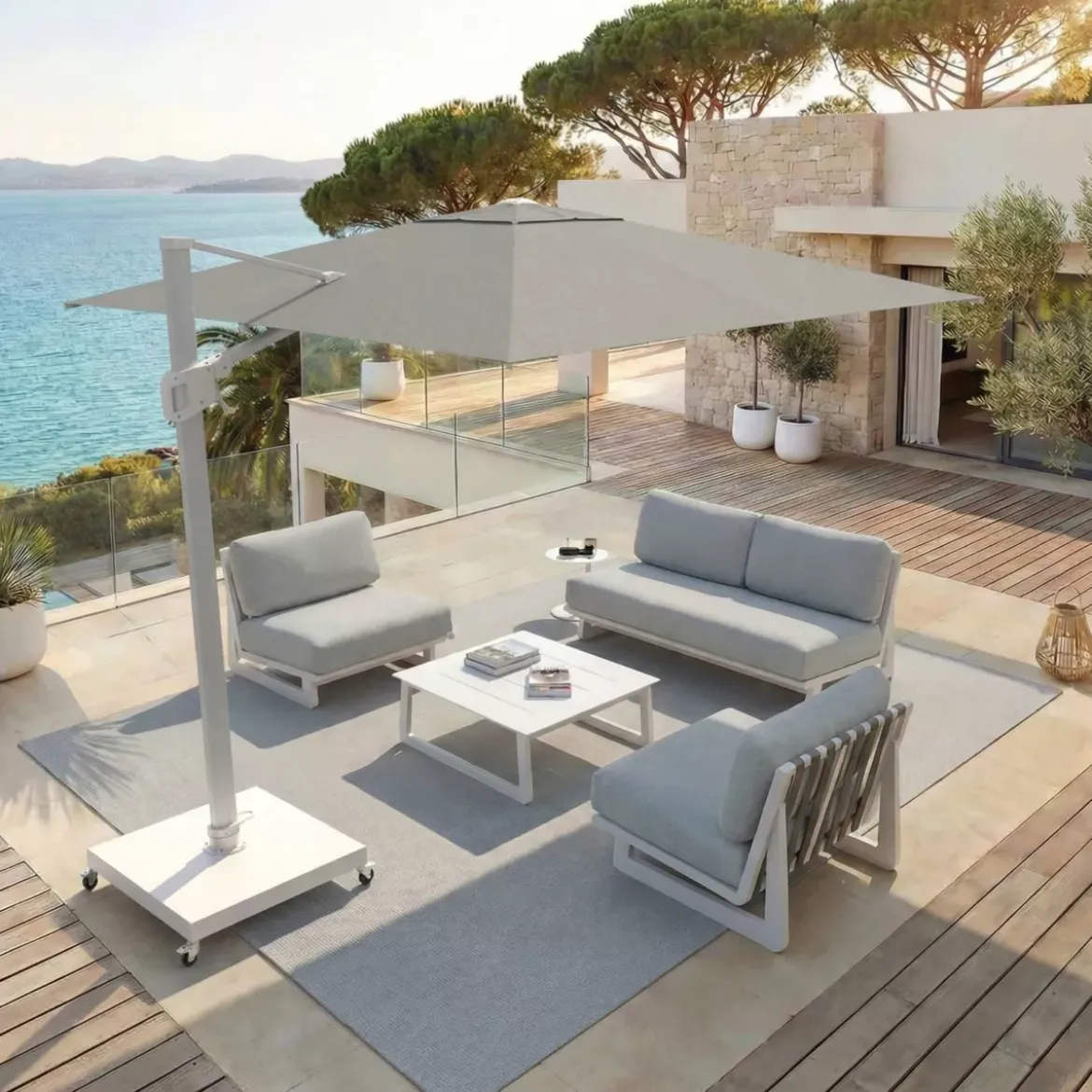 Ombrellone decentrato rettangolare in alluminio con base (3 x 4 m) Elyra Bianco e Grigio