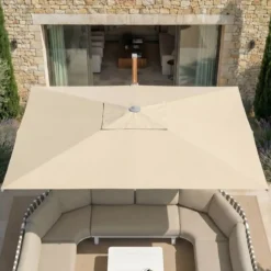 Ombrellone decentrato rettangolare in alluminio con base (3 x 4 m) Elyra effetto legno e Beige