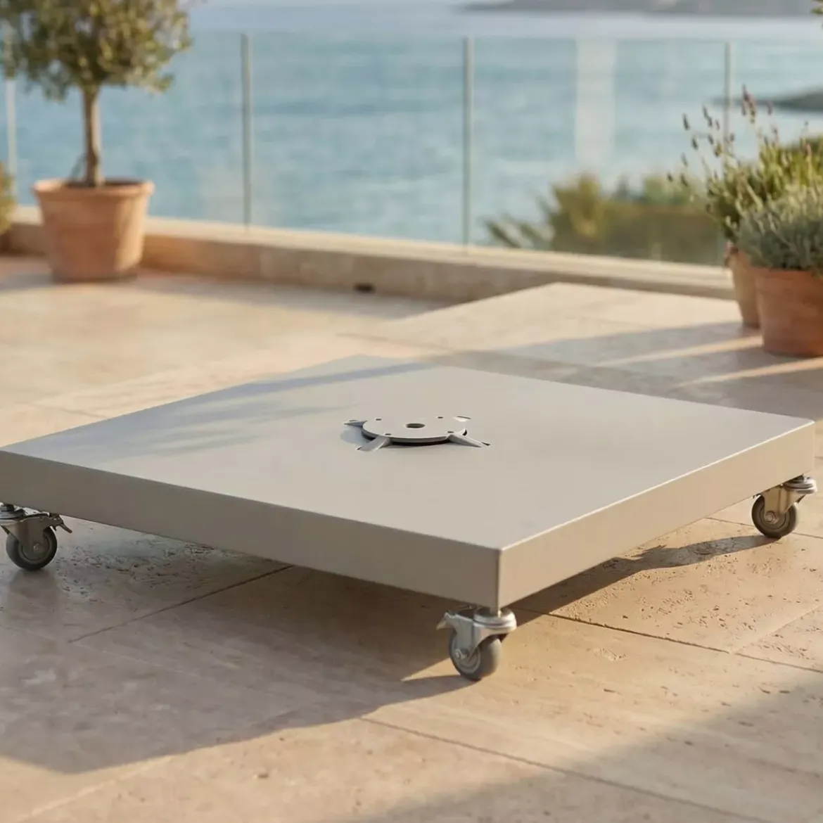Ombrellone decentrato rettangolare in alluminio con base (3 x 4 m) Elyra effetto legno e Grigio