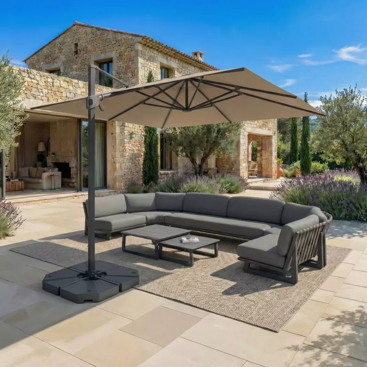 Ombrellone sbalzato rettangolare in alluminio con base (3 x 4 m) Elyra Antracite e Tortora
