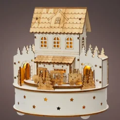 Paese di Natale in legno luminoso e musicale a pile (H19 cm) Casa di famiglia