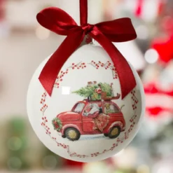 Pallina di Natale (D100 mm) Fiocco rosso Auto di Babbo Natale Bianco