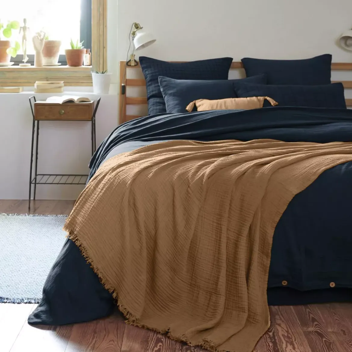Plaid garza di cotone (220 cm) Gaïa Camel