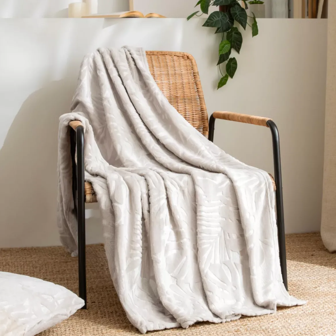 Plaid morbido in flanella (125 x 150 cm) Flore Ecru