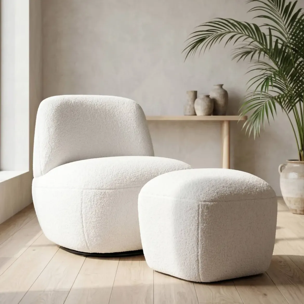 Poltrona girevole in bouclé (seduta 45 cm) Nyxor Ecru
