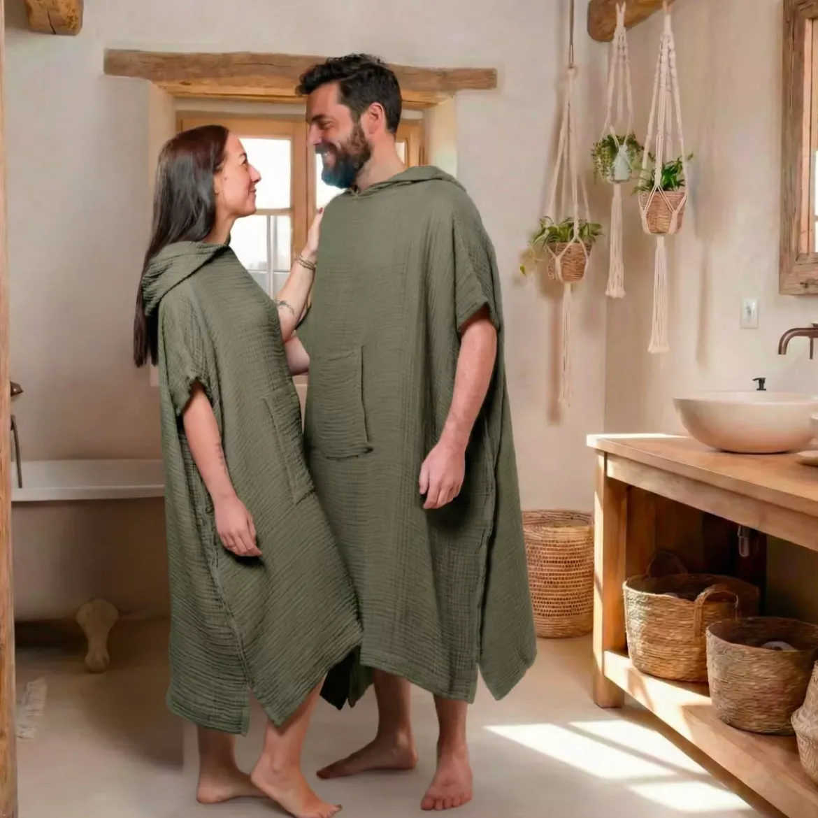 Poncho adulto in garza di cotone L/XL Gaïa Verde rosmarino