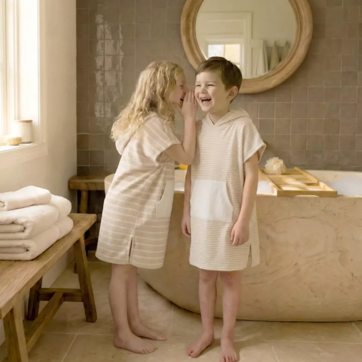 Poncho da bagno per bambini in cotone e spugna 6/10 anni Beige Nebbia