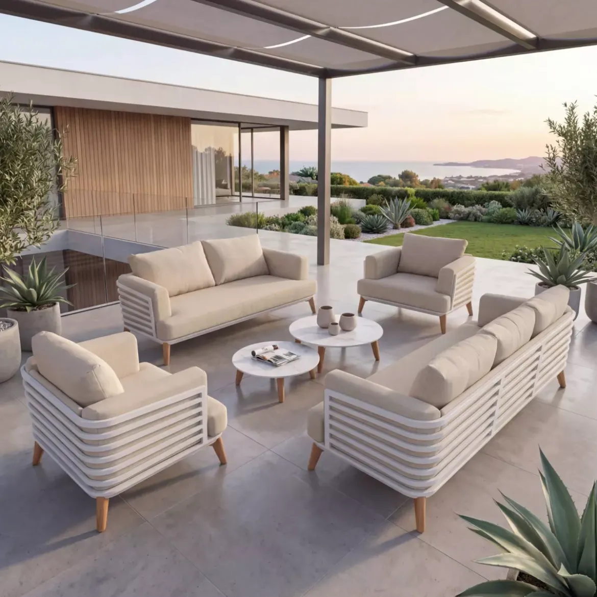 Salotto da giardino alluminio 7 posti 6 pezzi Monte Carlo Bianco e beige