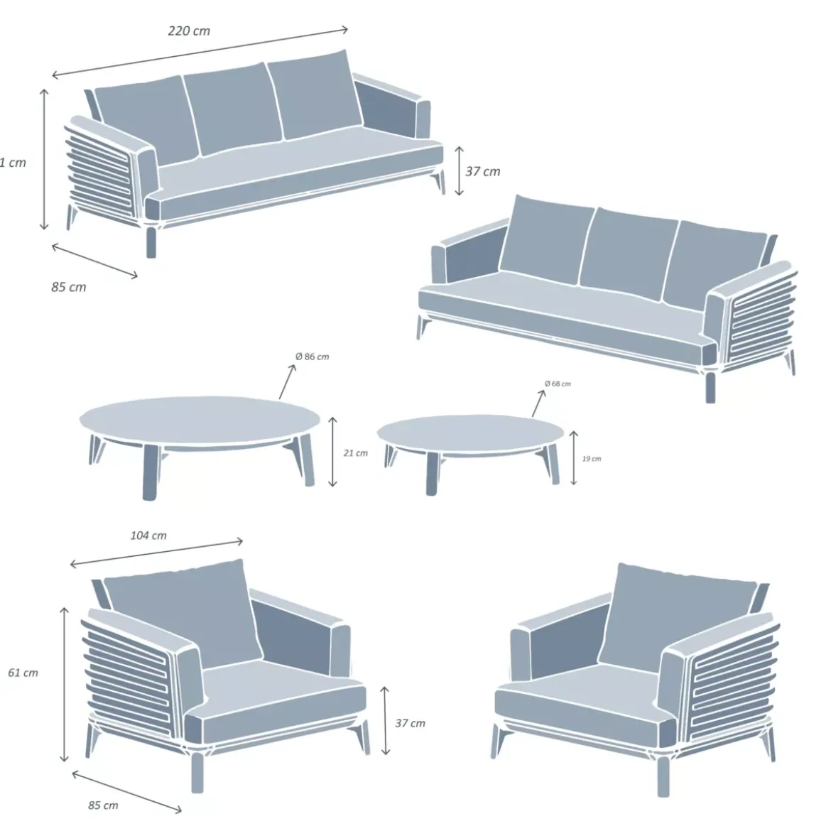 Salotto da giardino alluminio 8 posti 6 pezzi Monte Carlo Grigio antracite e grigio chiaro