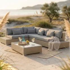 Salotto da giardino angolare in resina intrecciata 5 posti Palma Grigio e antracite