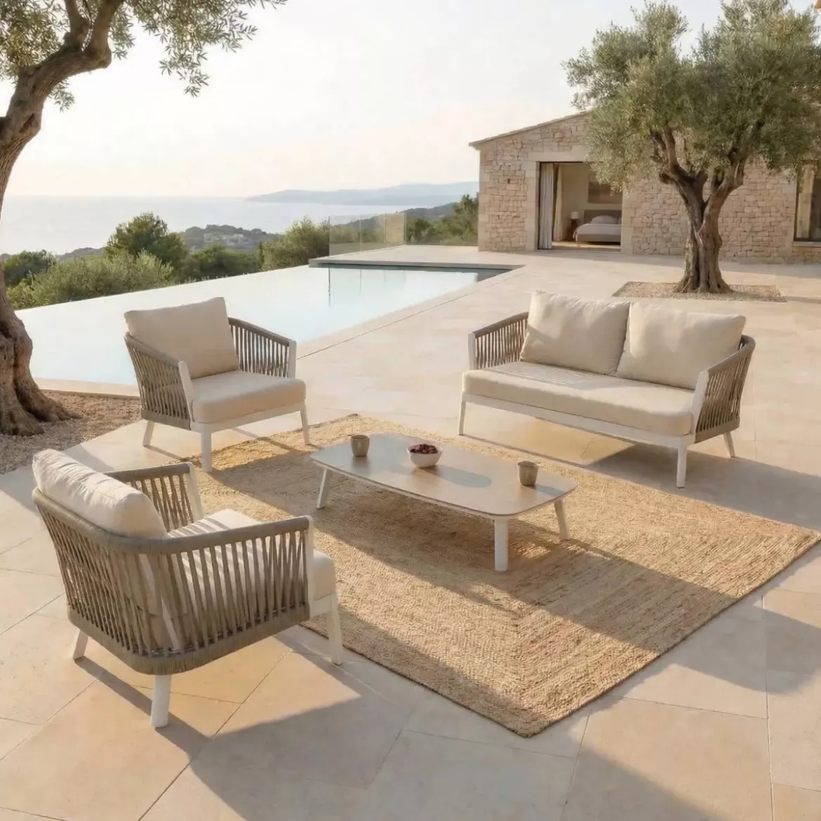 Salotto da giardino in alluminio 4 posti 4 pezzi Amalfi Bianco e beige