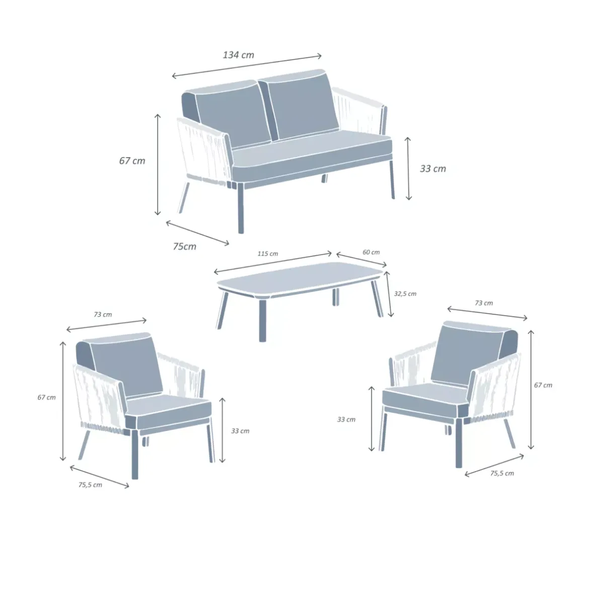 Salotto da giardino in alluminio 4 posti 4 pezzi Amalfi Bianco e beige