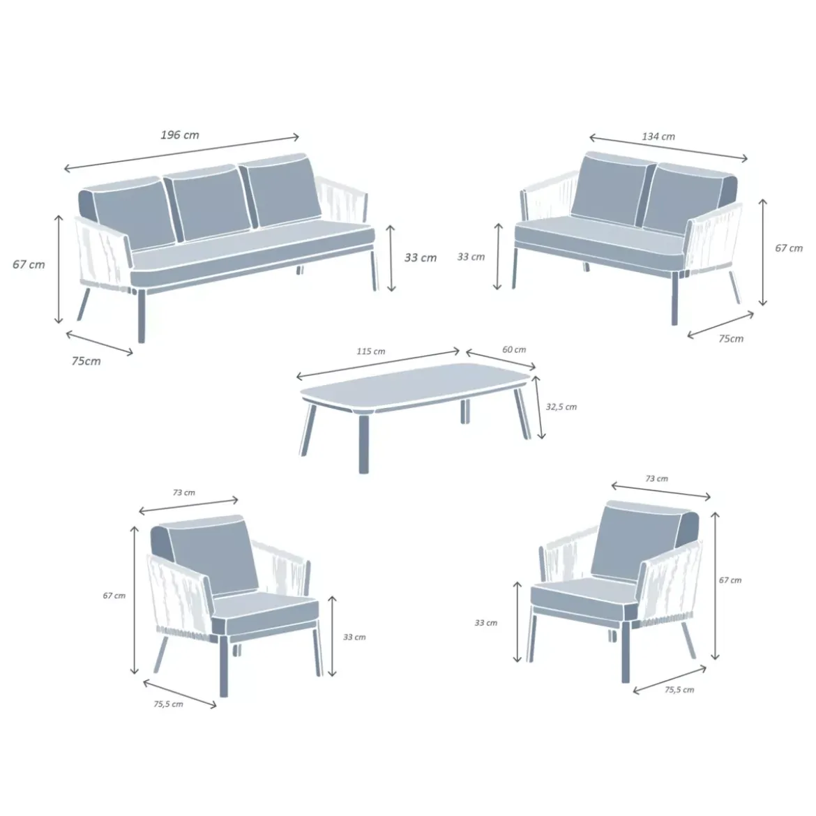 Salotto da giardino in alluminio 7 posti 5 pezzi Amalfi Bianco e beige