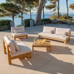 Salotto da giardino in legno di acacia 5 posti 4 pezzi Bornéo Sabbia