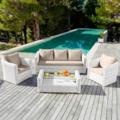 Salotto da giardino in resina intrecciata 5 posti 4 pezzi Calvi Bianco e tortora