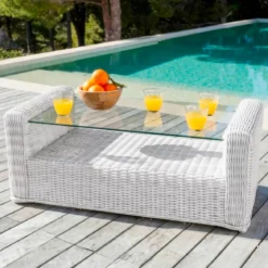 Salotto da giardino in resina intrecciata 5 posti 4 pezzi Calvi Bianco e tortora